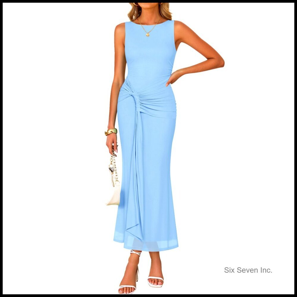 Sleeveless Bodycon Maxi Dress with Ruched Design and Adjustable Waist Belt